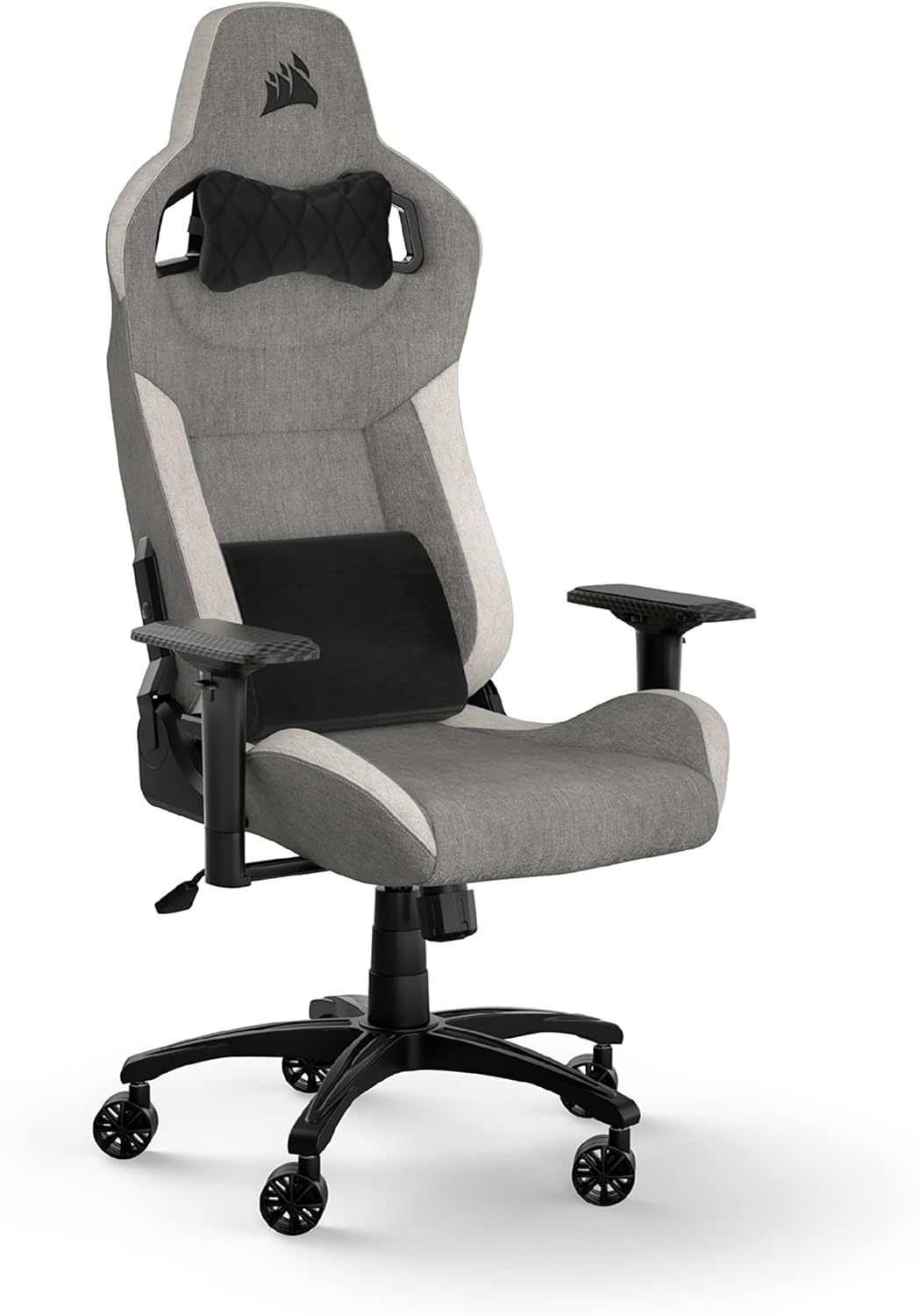 Corsair T3 RUSH Fabric Gaming Sessel Test Inspiriert vom Automobilsport - Bezug aus weichem Stoff - Abnehmbares Nackenkissen und Lendenwirbelstütze aus Memory-Schaum - Grau und Weiß im Vergleich.